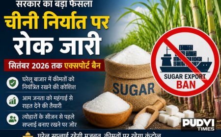 चीनी निर्यात पर सरकार सख्त: सितंबर 2026 तक एक्सपोर्ट बैन जारी, घरेलू कीमतों पर रहेगा कंट्रोल